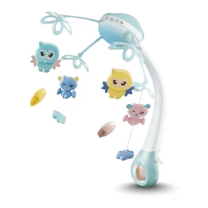 A clean product shot of the Kids Melody Bed Bell mobile featuring cute owl and bear hanging toys in blue and yellow colors.