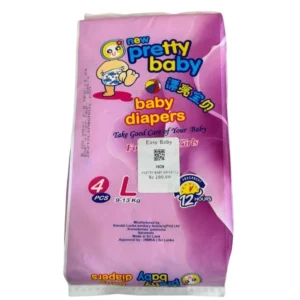 Pretty Baby Diapers for girls, Size L, 4-piece travel pack for babies weighing 9 to 13 kg, featuring a 12-hour absorbency guarantee label.