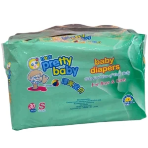 New Pretty Baby diapers featuring a detailed product diagram highlighting 3D leak prevention layers, high absorbency, and a soft, skin-protecting surface.