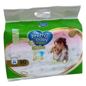 New Pretty Baby Super Premium Diapers, Size M for boys and girls weighing 6 to 11 kg. The 30-piece handle pack features an image of a mother holding her baby, highlighting 12-hour overnight protection and dual-guard leak protection.