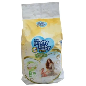 Pretty Baby Super Premium diaper pants, Size M (6-11 kg), 16-piece pack. The carry-handle bag displays an illustration of a mother and her baby, emphasizing a 360-degree elastic fit, 12-hour protection, and an overnight no-leak design.