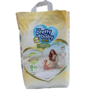 Pretty Baby Super Premium diaper pants, Size M (6-11 kg), featuring a 60-piece count and convenient top carry handle. The packaging shows a mother and her baby with icons for 360-degree stretch and 12-hour leak-free protection.