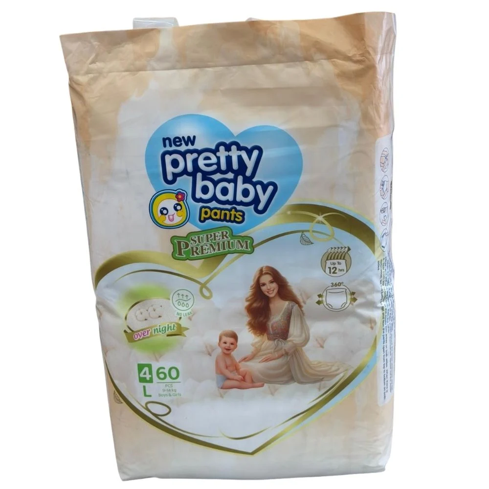Pretty Baby Super Premium diaper pants, Size L (9-14 kg), containing a 60-piece count with a top carry handle. The packaging displays a mother and toddler graphic alongside product feature badges for 360-degree stretch, 12-hour absorbency, and overnight leak protection.