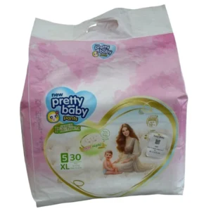 Pretty Baby Super Premium diaper pants, Size XL (12-17 kg), 30-piece count. The front packaging features an illustration of a mother and toddler alongside functional badges for 360-degree stretch, 12-hour protection, and an overnight leak-free guarantee.