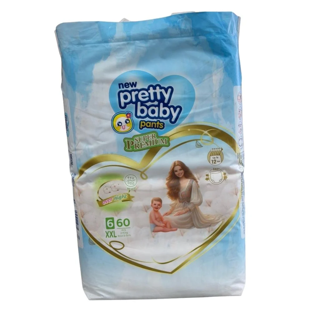 Pretty Baby Super Premium diaper pants, Size XXL (15+ kg), featuring a 60-piece count with a top carry handle. The packaging displays an illustration of a mother and toddler alongside product feature badges for 360-degree stretch, 12-hour absorbency, and an overnight leak-free guarantee.