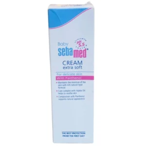 Sebamed Baby Cream Extra Soft product packaging box, featuring pH 5.5 clinical testing seal, formulated with Panthenol and Jojoba Oil for delicate skin protection.