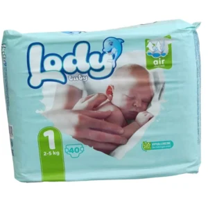 Lody Baby Size 1 newborn diapers package, 2-5 kg, 40 count.