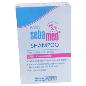 Sebamed Baby Shampoo packaging box, showing the clinically tested pH 5.5 emblem and highlights of its extra mild, no-tears formula with Camomile.