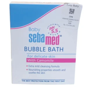 Sebamed Baby Bubble Bath packaging box, displaying the pH 5.5 clinical stamp and details on its extra mild cleansing formula with Camomile for delicate skin.