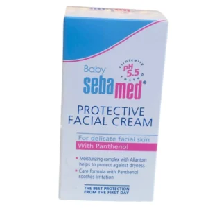 Front view of Sebamed Baby Protective Facial Cream packaging box, highlighting its pH 5.5 clinical seal, moisturizing complex with Allantoin, and soothing Panthenol care formula.