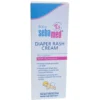 Front view of Sebamed Baby Diaper Rash Cream packaging box, showing the clinical pH 5.5 seal and key ingredients like Panthenol and Wheat Bran extract alongside an illustration of a crawling baby.
