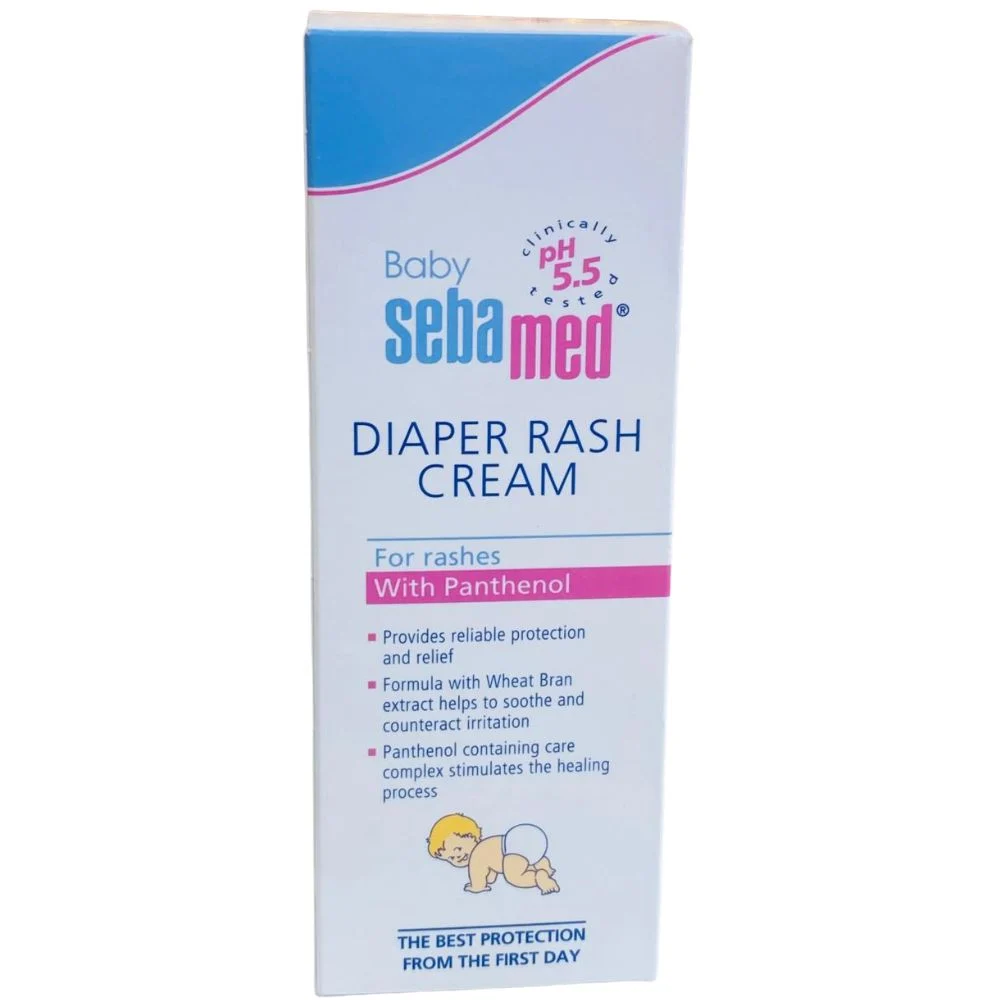 Front view of Sebamed Baby Diaper Rash Cream packaging box, showing the clinical pH 5.5 seal and key ingredients like Panthenol and Wheat Bran extract alongside an illustration of a crawling baby.