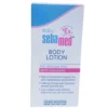 Front view of Sebamed Baby Body Lotion packaging box, highlighting the pH 5.5 clinical seal, natural moisturizers, calming formula with Camomile, and Allantoin care complex.