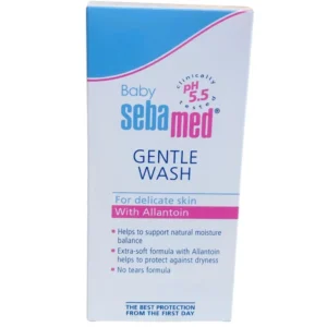 Front view of Sebamed Baby Gentle Wash packaging box, showing the clinically tested pH 5.5 seal and highlighting its extra-soft no-tears formula with Allantoin for delicate skin.