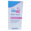 Front view of Sebamed Baby Body Milk packaging box, highlighting its pH 5.5 clinical stamp, formulation with Panthenol, Sweet Almond Oil, and Shea Butter for delicate, dry skin.