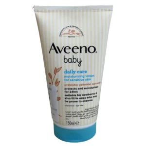 Front view of Aveeno Baby Daily Care Moisturising Lotion 150ml squeeze tube, showcasing the prebiotic colloidal oatmeal ingredient callout and sensitive skin benefits.