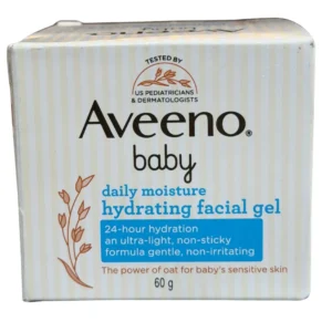 Front view of Aveeno Baby Daily Moisture Hydrating Facial Gel 60g packaging box, displaying the prebiotic oat graphic and text detailing its ultra-light, non-sticky 24-hour hydration formula.