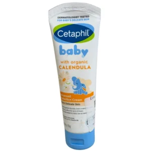 Front view of Cetaphil Baby Advanced Protection Cream 85g squeeze tube, featuring organic calendula and a cute blue elephant illustration on the packaging box.