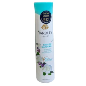 Front view of a tall, white 150ml Yardley London English Gardenia Refreshing Body Spray aerosol can, featuring vibrant white gardenia flower illustrations and a turquoise blue cap.