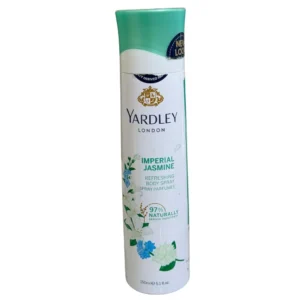 Front view of a tall, white 150ml Yardley London Imperial Jasmine Refreshing Body Spray aerosol can, featuring delicate white and blue jasmine flower illustrations and a green cap.