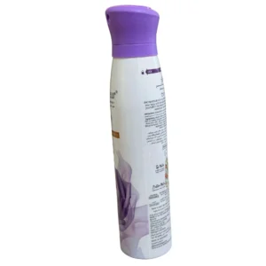 Front view of a tall, elegantly curved purple and white 150ml Enchanteur Alluring Perfumed Body Mist spray bottle, featuring soft rose graphics and a transparent purple cap.