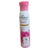 Front view of an elegantly curved pink and white 150ml Enchanteur Romantic Perfumed Deodorant spray can, featuring a prominent pink rose graphic and a matching bright pink spray cap.