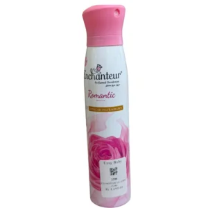 Front view of an elegantly curved pink and white 150ml Enchanteur Romantic Perfumed Deodorant spray can, featuring a prominent pink rose graphic and a matching bright pink spray cap.