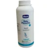 Front view of a white plastic bottle of Chicco Baby Moments Talco Talcum Powder, highlighting its 95% natural origin formula with rice starch and dermatologically tested seal for baby skin.