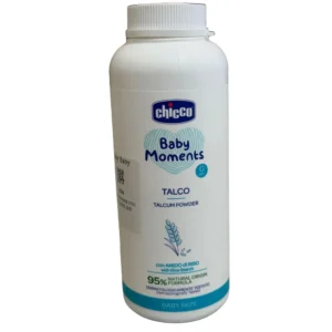 Front view of a white plastic bottle of Chicco Baby Moments Talco Talcum Powder, highlighting its 95% natural origin formula with rice starch and dermatologically tested seal for baby skin.