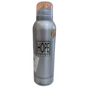 Front view of a tall, metallic silver 200ml Rasasi Hope For Men Deodorant Body Spray aerosol can, featuring clean black block typography and a clear plastic top cap over a grey nozzle.
