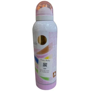 Front view of a tall, white and pink 200ml Rasasi Twinkle Pour Femme Deodorant Body Spray aerosol can, featuring pastel abstract accents, clean gray lettering, and a translucent pink plastic dome cap.