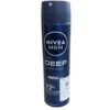 Front view of a dark blue and matte black 150ml Nivea Men Deep Darkwood Anti-Perspirant Spray aerosol can, showcasing the 72H Black Carbon and anti-bacterial text graphics.