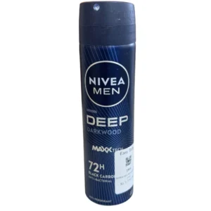 Front view of a dark blue and matte black 150ml Nivea Men Deep Darkwood Anti-Perspirant Spray aerosol can, showcasing the 72H Black Carbon and anti-bacterial text graphics.