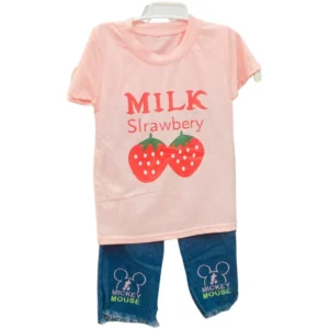 A 2-piece set for girls including a light pink t-shirt with a "MILK Strawberry" graphic and blue denim pants with Mickey Mouse embroidery on the legs.