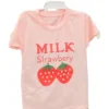 A cute 2-piece set for girls including a light pink t-shirt with a strawberry graphic and denim pants featuring Mickey Mouse embroidery.