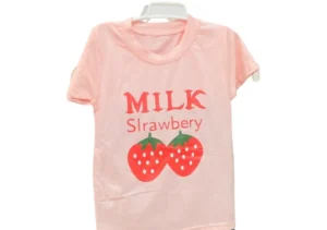 A cute 2-piece set for girls including a light pink t-shirt with a strawberry graphic and denim pants featuring Mickey Mouse embroidery.