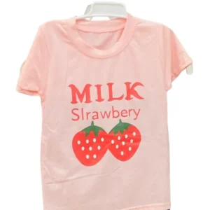 A cute 2-piece set for girls including a light pink t-shirt with a strawberry graphic and denim pants featuring Mickey Mouse embroidery.