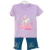 A 2-piece set for girls featuring a lavender t-shirt with a cute rabbit graphic and blue denim pants with Mickey Mouse embroidery on the legs.