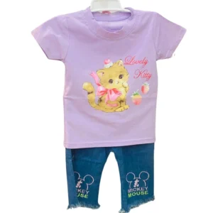 A 2-piece set for girls featuring a lavender t-shirt with a "Lovely Kitty" graphic and blue denim pants with Mickey Mouse embroidery on the legs.