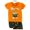 A 2-piece set for boys featuring a bright orange t-shirt with a teddy bear graphic and black shorts with a gold geometric pattern.
