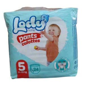 Lody Baby Pants Size 5 (11-25kg) packaging featuring a smiling toddler in an orange shirt and a blue dolphin mascot, containing 24 diaper culottes.