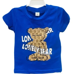 A 2-piece set for boys featuring a royal blue t-shirt with a "LONELY BEAR" graphic and blue denim pants.