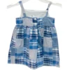 A sleeveless girls' dress featuring a blue and white patchwork plaid design with spaghetti straps and front button details.