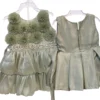 RIFA girls' mint green sleeveless party dress featuring a 3D floral applique bodice, a gold and white beaded waistband, and a tiered shimmering ruffled skirt.