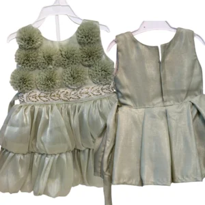 RIFA girls' mint green sleeveless party dress featuring a 3D floral applique bodice, a gold and white beaded waistband, and a tiered shimmering ruffled skirt.
