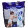 Velona Cuddles Ezy Pants disposable baby diapers, Size Large (L) for toddlers 9-14kg. The 18-piece pack shows a baby playing with blocks and highlights features like ultra-soft texture, triple layer protection, and a wetness indicator."
