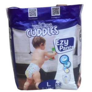 Velona Cuddles Ezy Pants disposable baby diapers, Size Large (L) for toddlers 9-14kg. The 18-piece pack shows a baby playing with blocks and highlights features like ultra-soft texture, triple layer protection, and a wetness indicator."