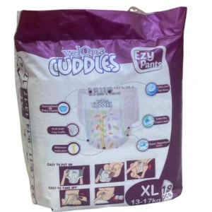 Velona Cuddles Ezy Pants disposable baby diapers, Size Extra Large (XL) for 13-17kg toddlers. The 18-piece pack features a baby in a printed diaper playing with blocks, and includes icons for ultra-soft feel, triple layer protection, and a wetness indicator."