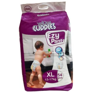 Velona Cuddles Ezy Pants diaper pants in size XL, containing 54 pieces for toddlers weighing 13-17kg, featuring a purple and white packaging with an image of a standing toddler.