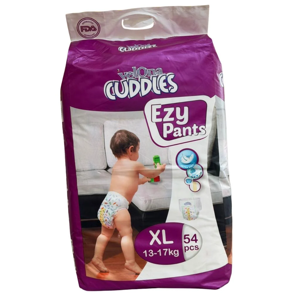 Velona Cuddles Ezy Pants diaper pants in size XL, containing 54 pieces for toddlers weighing 13-17kg, featuring a purple and white packaging with an image of a standing toddler.
